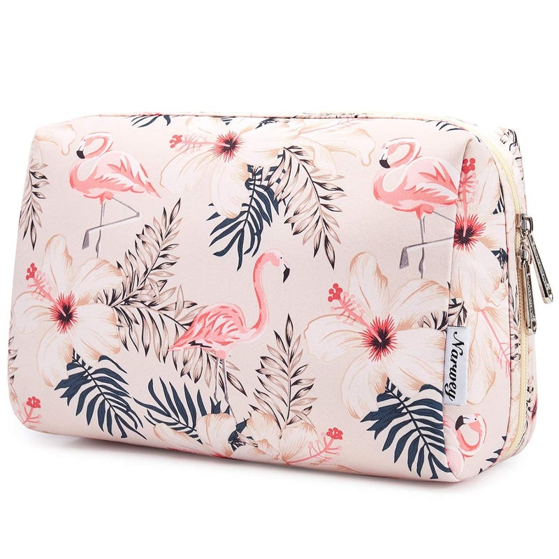 Narwey Cute Makeup Bag Travel Cosmetic Bag Organizer Toiletry Bag Make Up Bags with Compartments for Women Girls (Large, Beige Flamingo) - Image 1